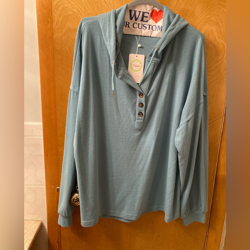 V-neck Hoodie Long Sleeve Tunic Button Down Drawstring Henley Sweatshirt Blouse